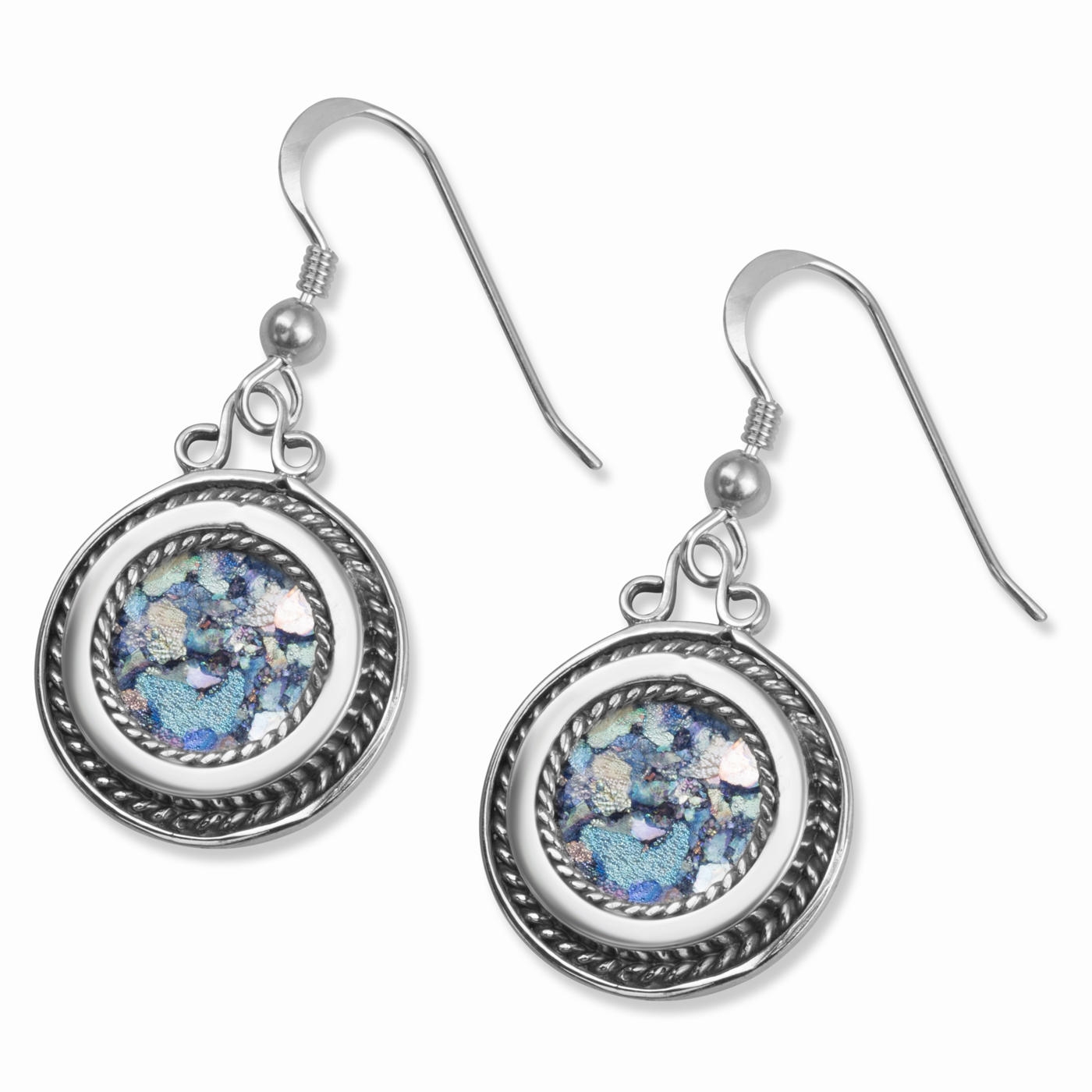 925 Sterling Silver and Roman Glass Circle Earrings with Filigree Frame - 1