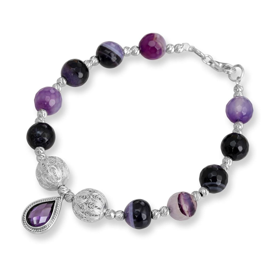 Rafael Jewelry Silver Bracelet with Purple Amethyst & Agate Stone Beads - 1