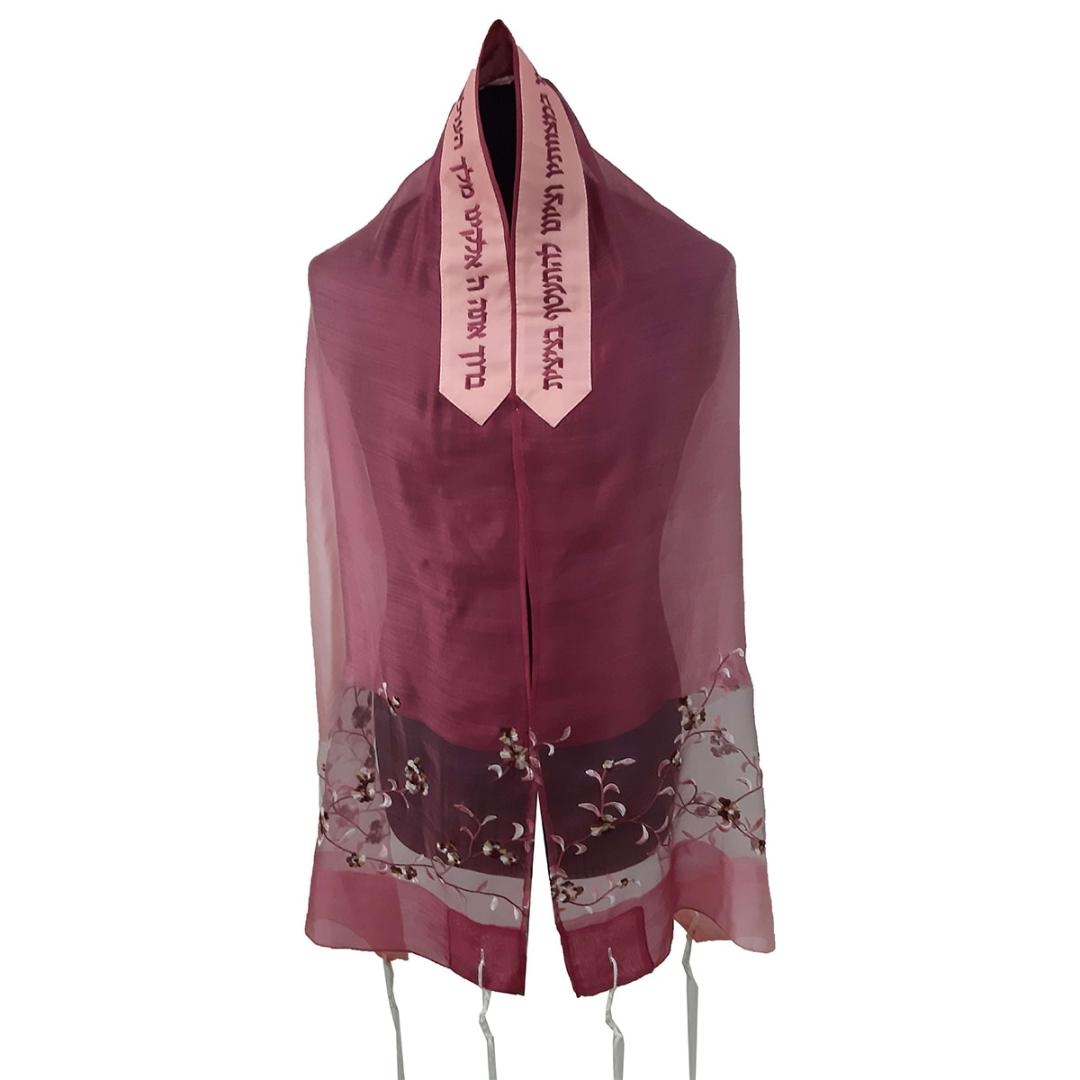 Ronit Gur Burgundy Women's Tallit with Floral Pattern - 1