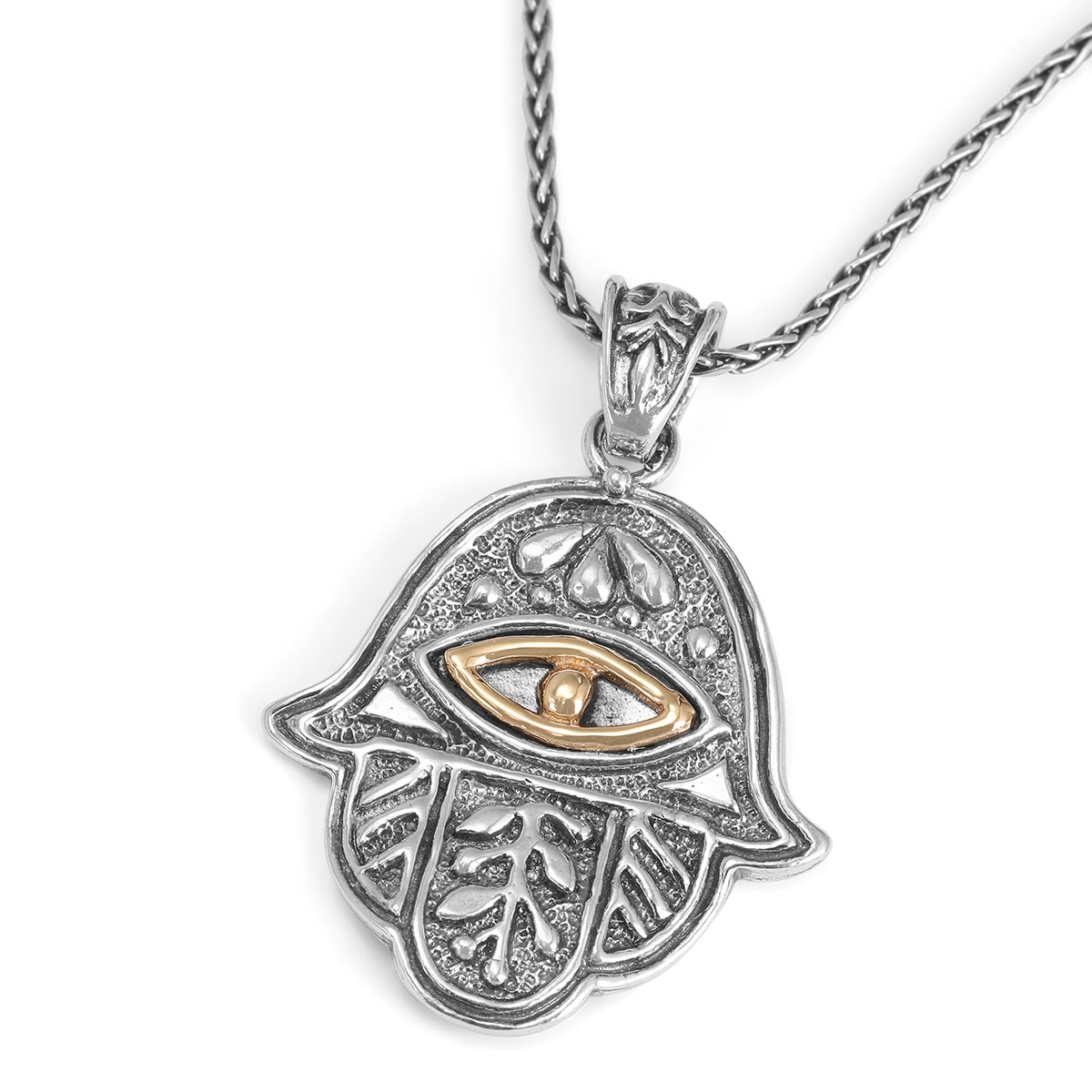 925 Sterling Silver Hamsa Necklace With Gold-Plated Evil Eye Design - 1