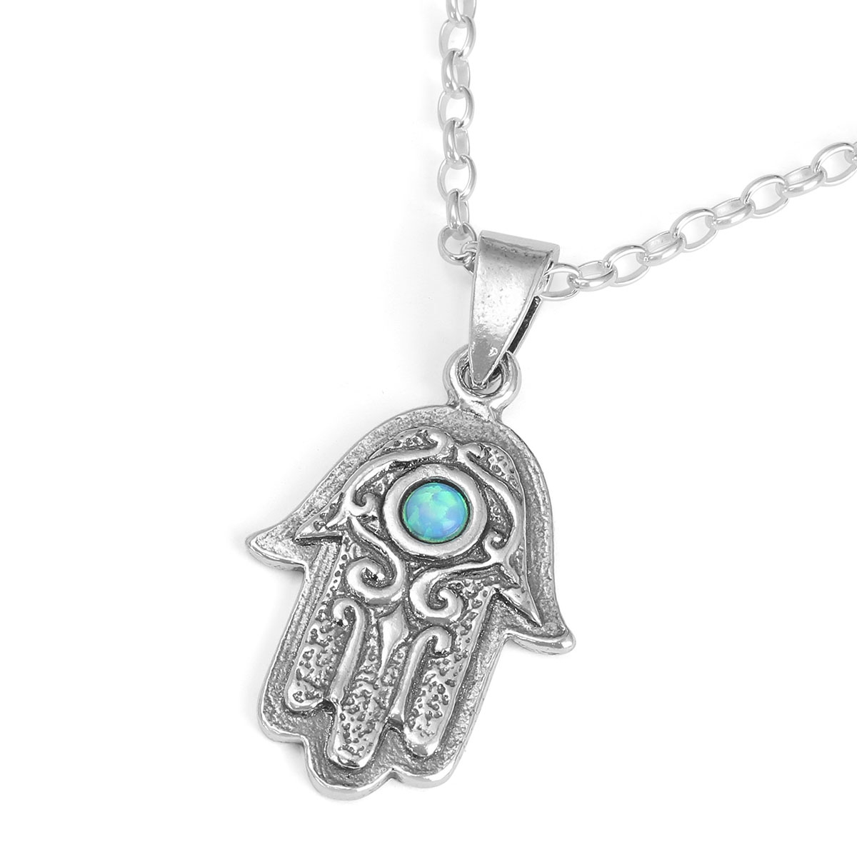 Sterling Silver Necklace - Hamsa with Opal Center - 1