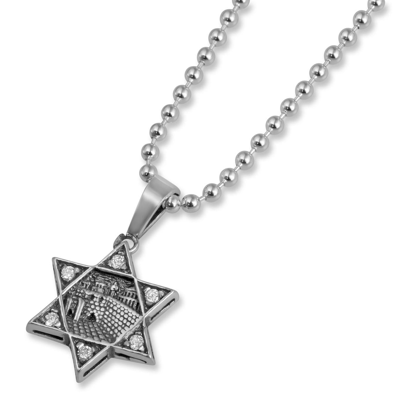Sterling Silver Star of David Necklace with Western Wall Engraving and Zircon Points - 1