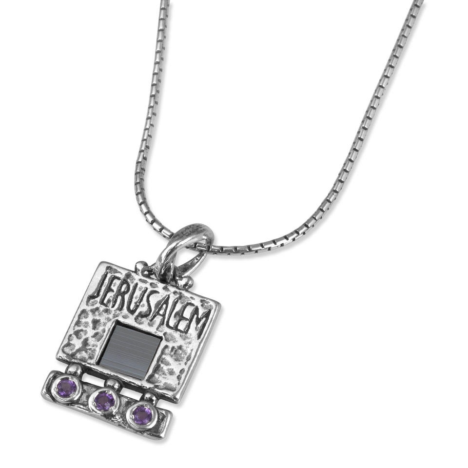 Sterling Silver Jerusalem Necklace with Gemstones and Microfilm Bible - 1