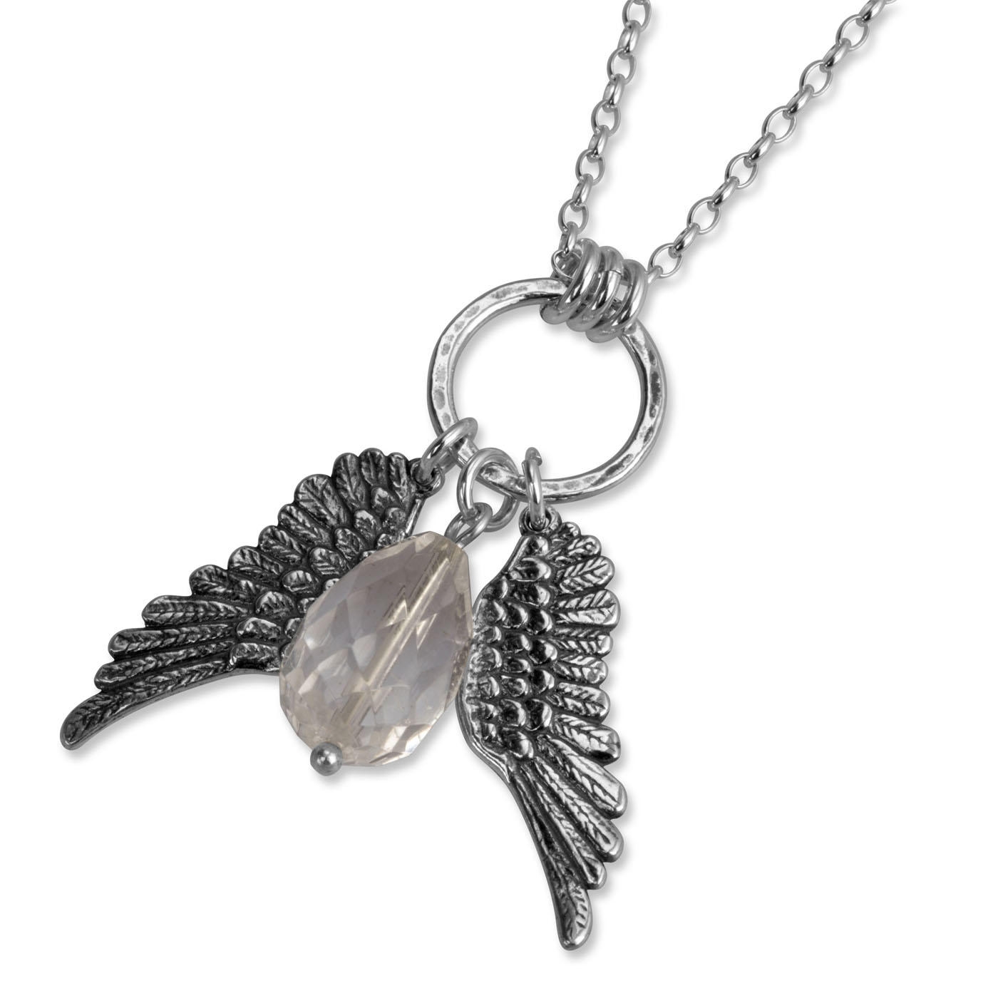 Sterling Silver Feathered Wings Fashion Necklace with Crystal - 1