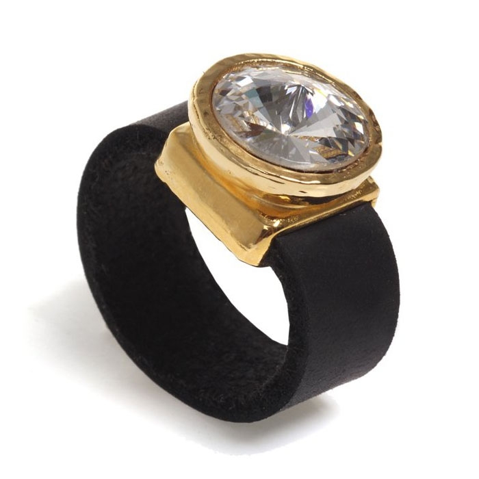 SEA Smadar Eliasaf Black Leather Ring with Clear Round Swarovski Stone - 1