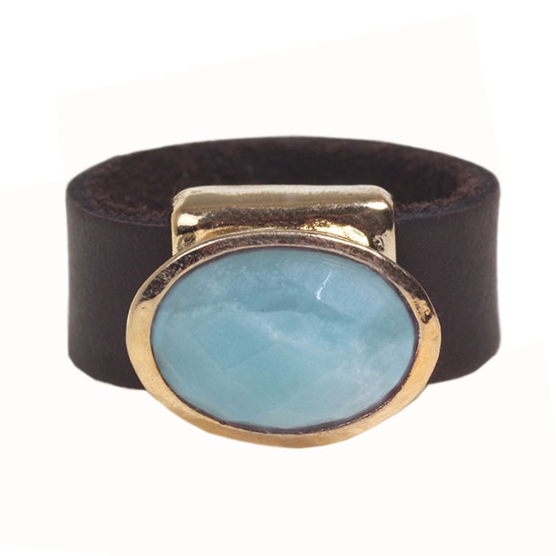 SEA Smadar Eliasaf Amazonite Brown Leather 24K Gold-Plated Ring - 1