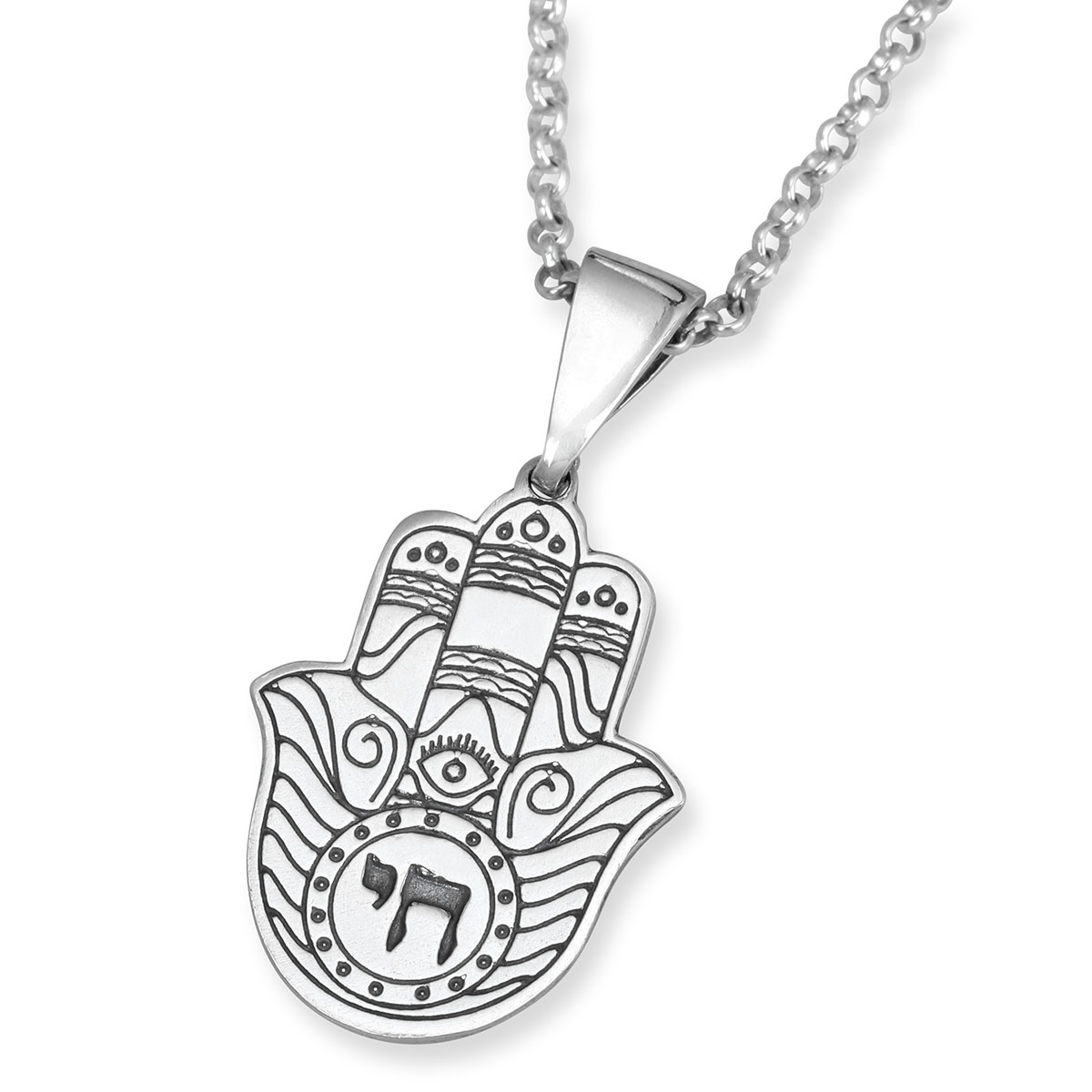Sterling Silver Hamsa Necklace with Chai - 1