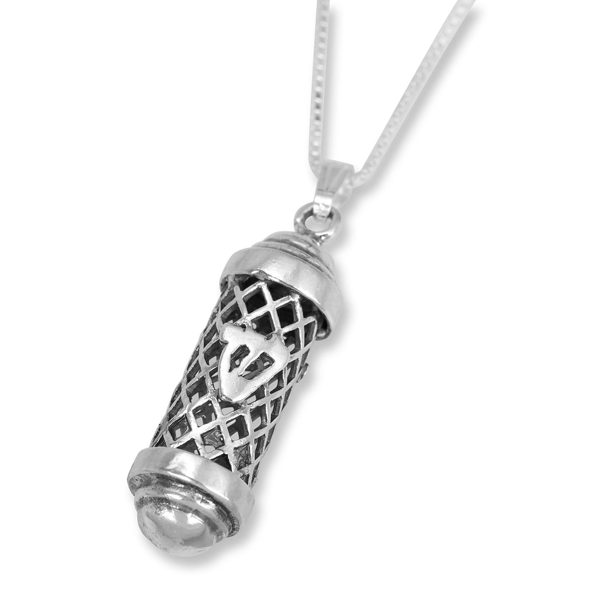 Diamond Pattern Mezuzah with Shin Sterling Silver Necklace  - 1