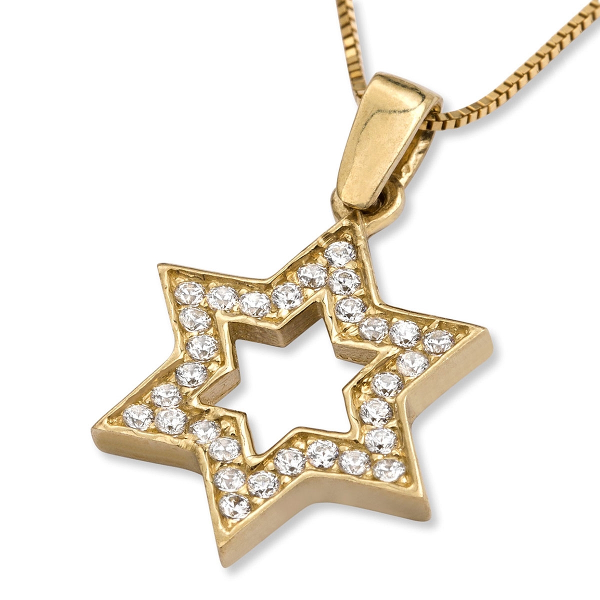 14K Yellow Gold Star of David Outline Pendant Necklace With Cubic Zirconia Stones - 1