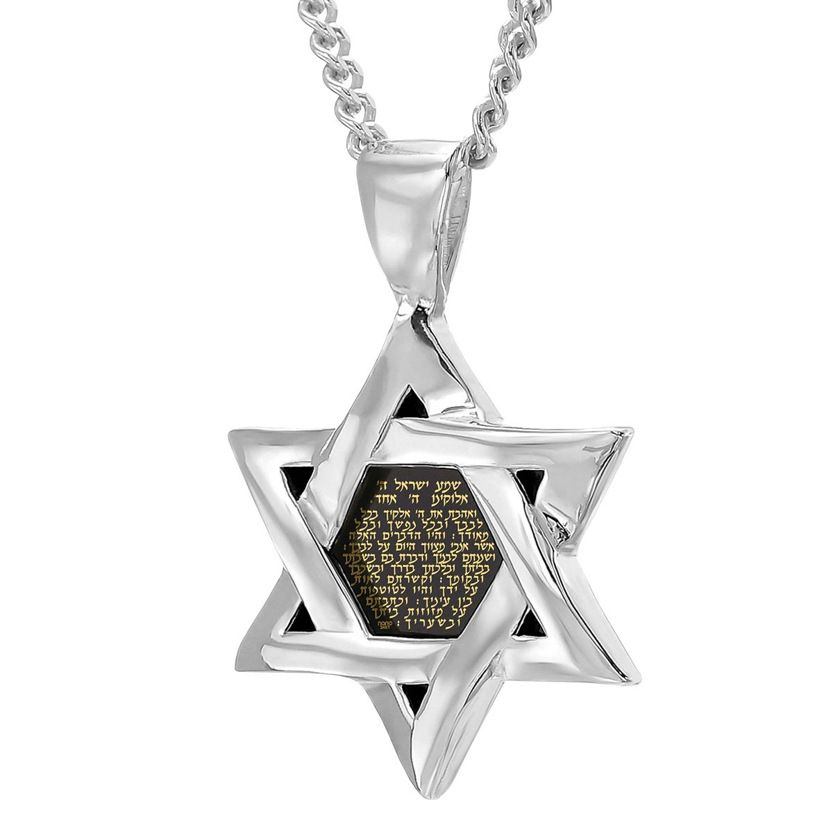 925 Sterling Silver Star of David Shema Yisrael Necklace with Onyx Stone and 24K Gold Inscription - Deuteronomy 6:4-9 - 1