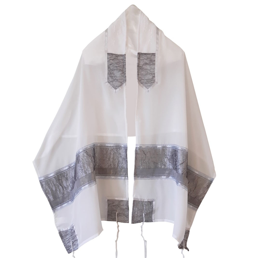 Galilee Silks Silk Women's Tallit (Prayer Shawl) Set With Gray Organza Design - 1