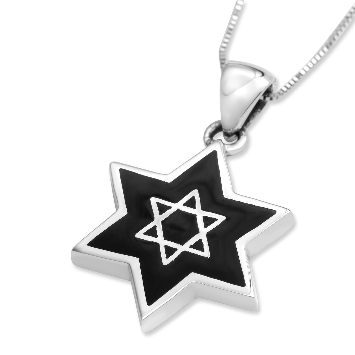 Sterling Silver Star of David Pendant Necklace with Onyx Filling - 1
