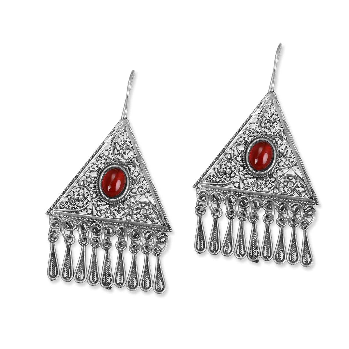 Traditional Yemenite Art Handcrafted Sterling Silver Filigree Earrings With Teardrops and Red Carnelian Stones - 1