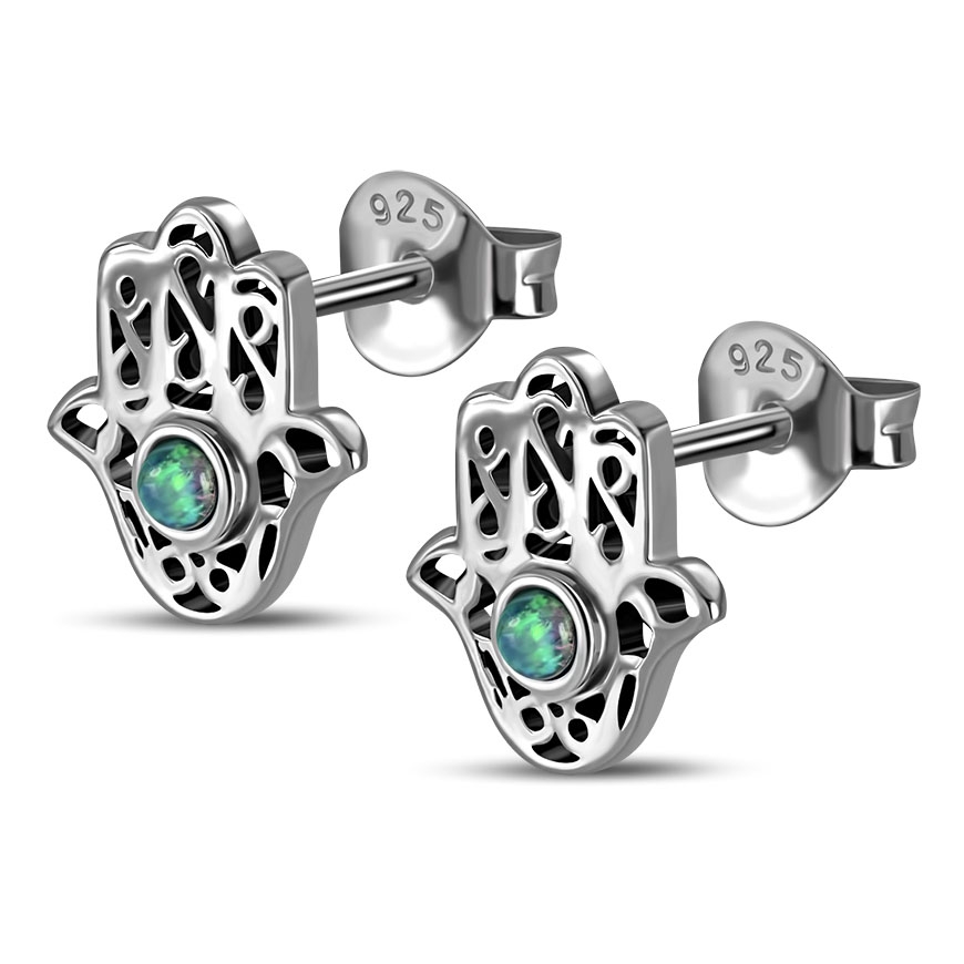Exclusive Sterling Silver Hamsa Stud Earrings With Opal Stone - 1