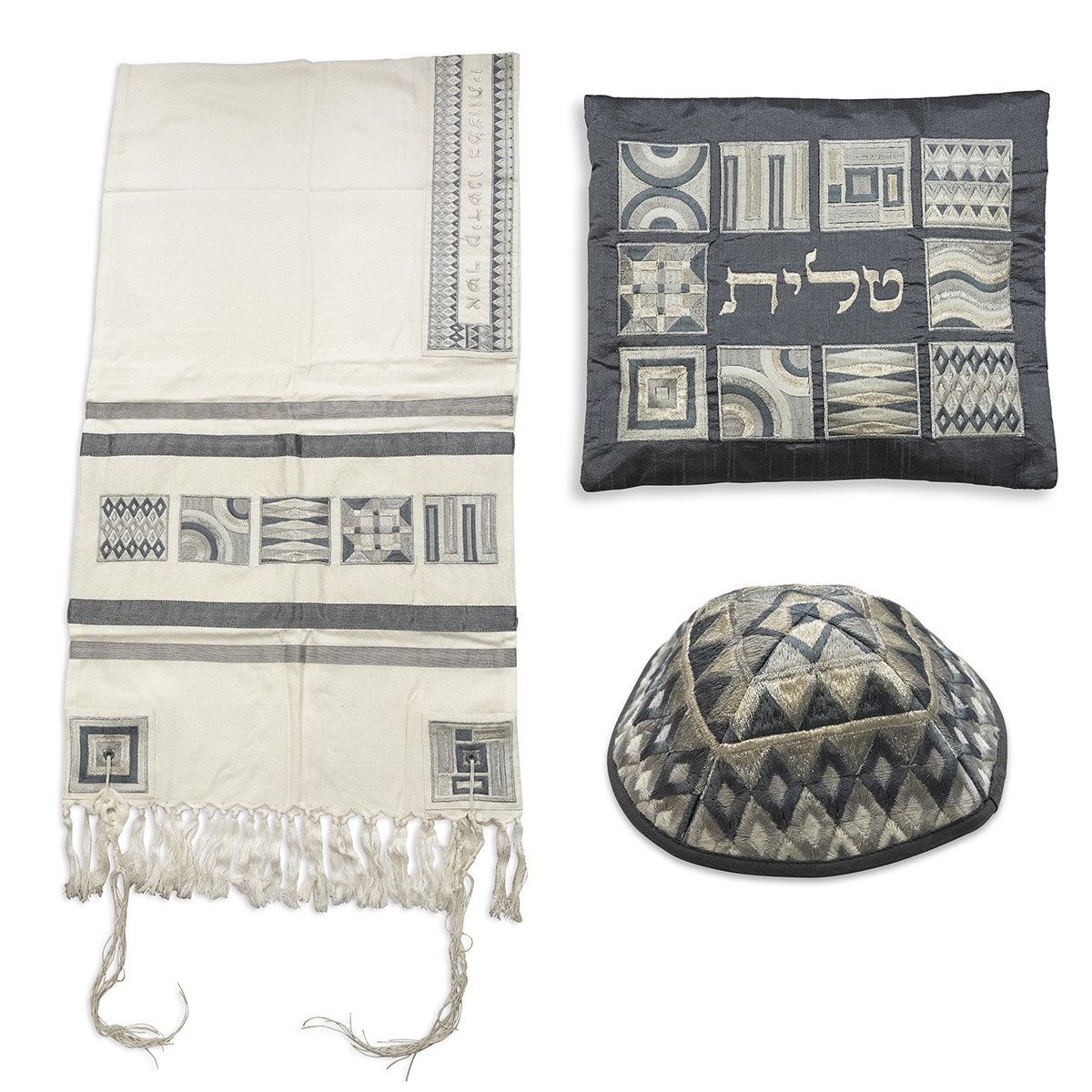 Yair Emanuel Embroidered Tallit Set With Square Patterns – Silver - 1