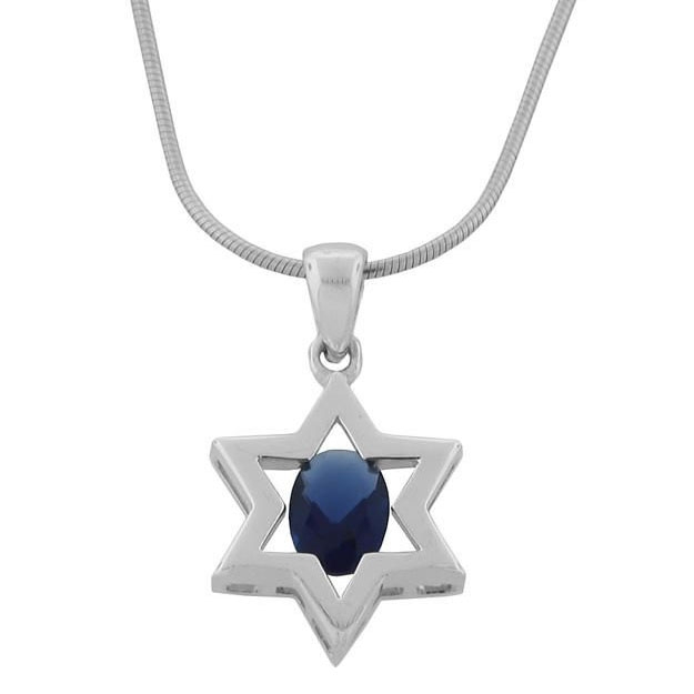 Silver Star of David Necklace with Blue Corundum - 1
