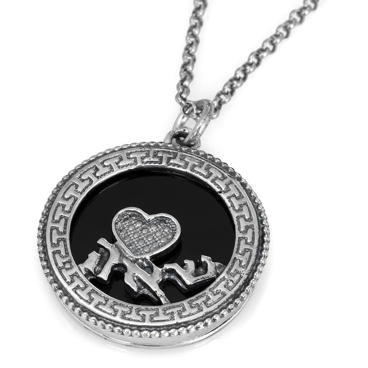Solid 925 Sterling Silver and Onyx Stone Love and Faith Kabbalah Necklace (Thick Pendant) - 1