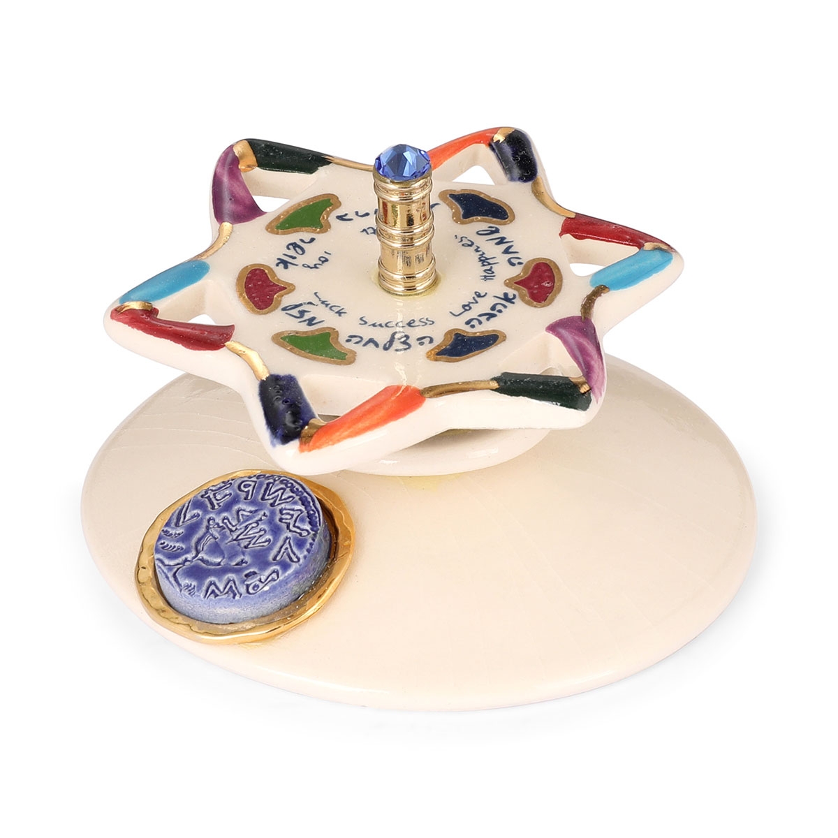 Designer Ceramic Star of David Dreidel With Hebrew-English Home Blessings - 1