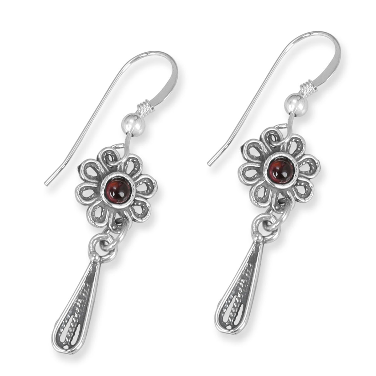 Traditional Yemenite Art Handcrafted Sterling Silver Flower and Teardrop Earrings With Indian Garnet Stones - 1