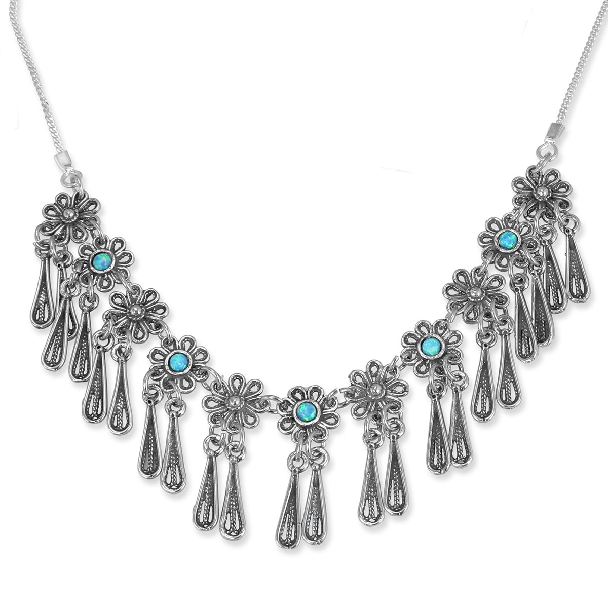 Traditional Yemenite Art Handcrafted Sterling Silver and Opal Necklace With Flower and Teardrop Design - 1