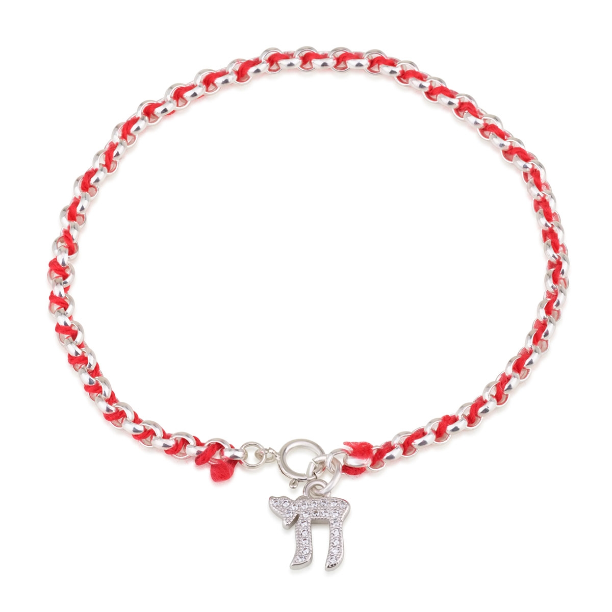 Sterling Silver and Red String Kabbalah Bracelet With Chai Symbol - 1