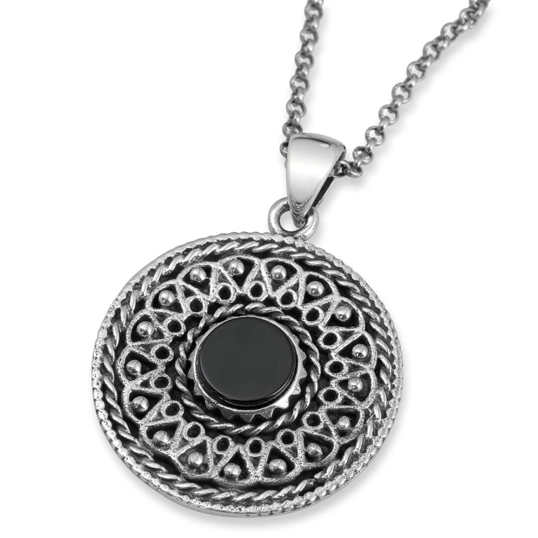 Sterling Silver Decorative Shema Yisrael Necklace with Onyx Stone - 1