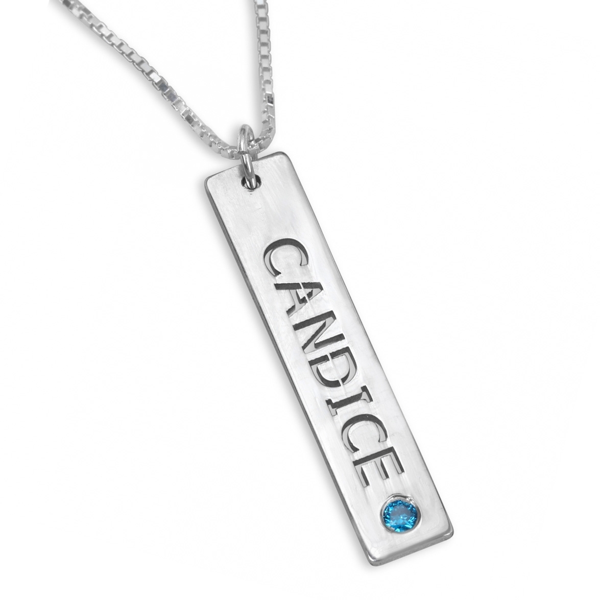 Sterling Silver Vertical Bar Name Necklace with Birthstone - 1