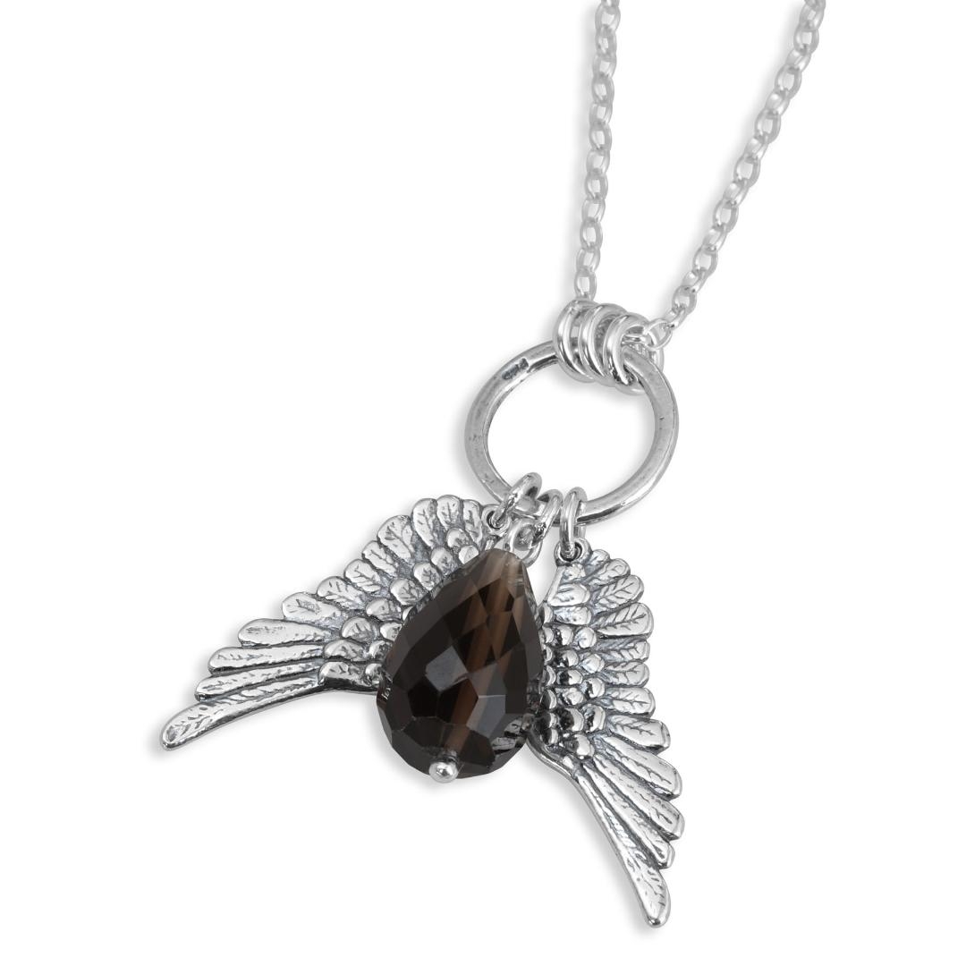 Sterling Silver Wings Necklace with Smoky Quartz - 1