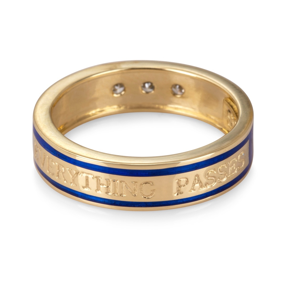 14K Yellow Gold and Blue Enamel "This Too Shall Pass" Men's Ring With Three White Diamonds (English) - 1