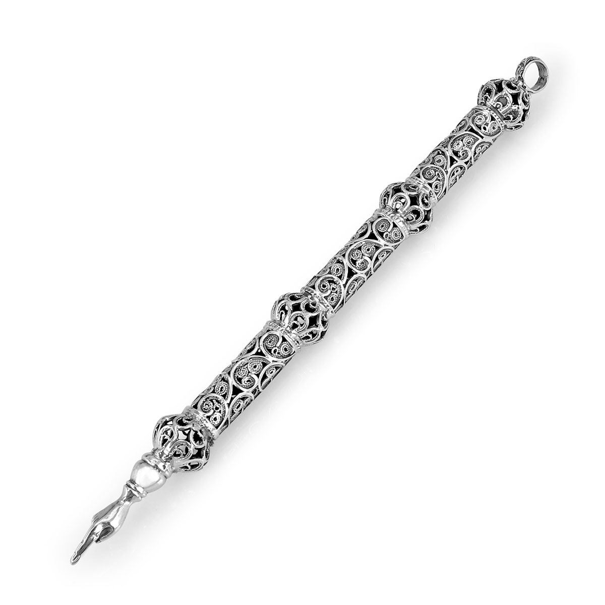 Traditional Yemenite Art Handcrafted Sterling Silver Torah Pointer With Crown-Accented Filigree Design - 1