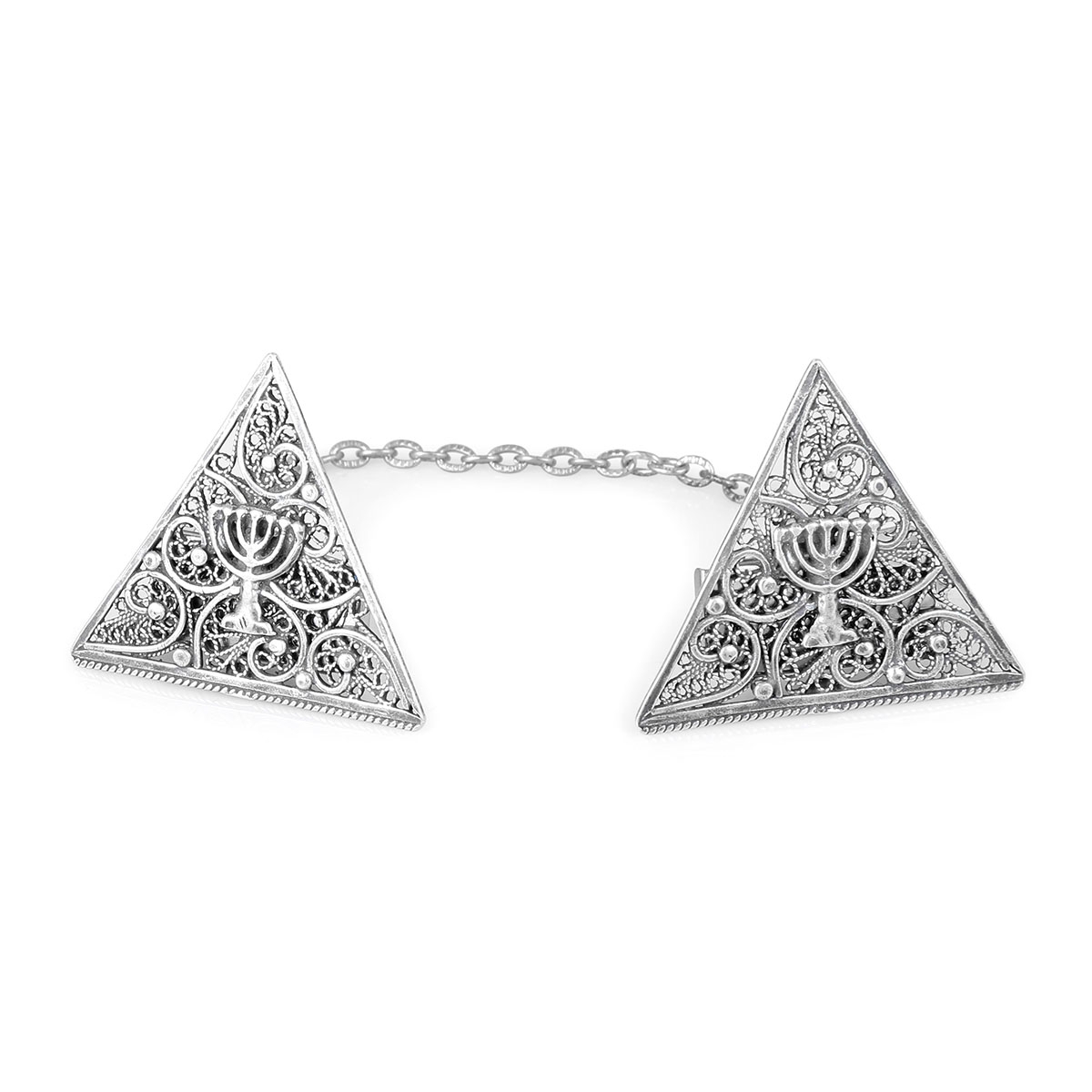 Traditional Yemenite Art Handcrafted Triangular Sterling Silver Menorah Tallit Clips with Filigree Design - 1
