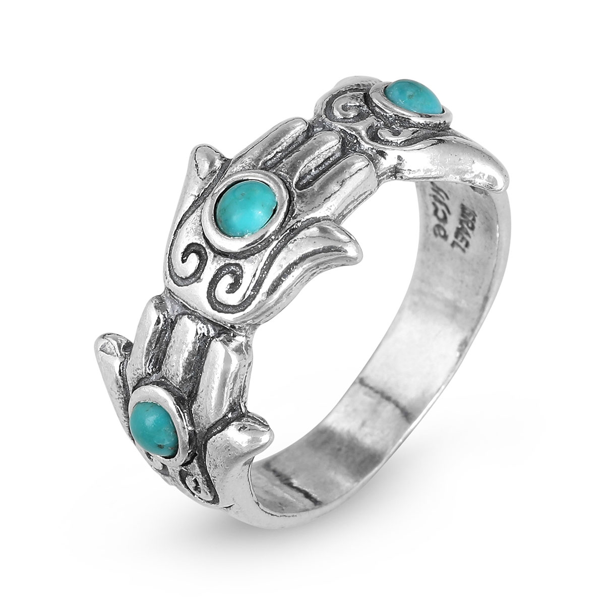 Designer Sterling Silver and Turquoise Stone Hamsa Ring - 1