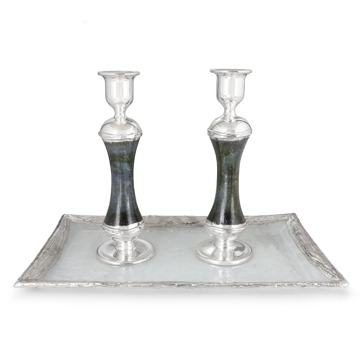 Handcrafted Designer Sterling Silver-Plated Glass Shabbat Candlesticks (Dark Blue) - 1
