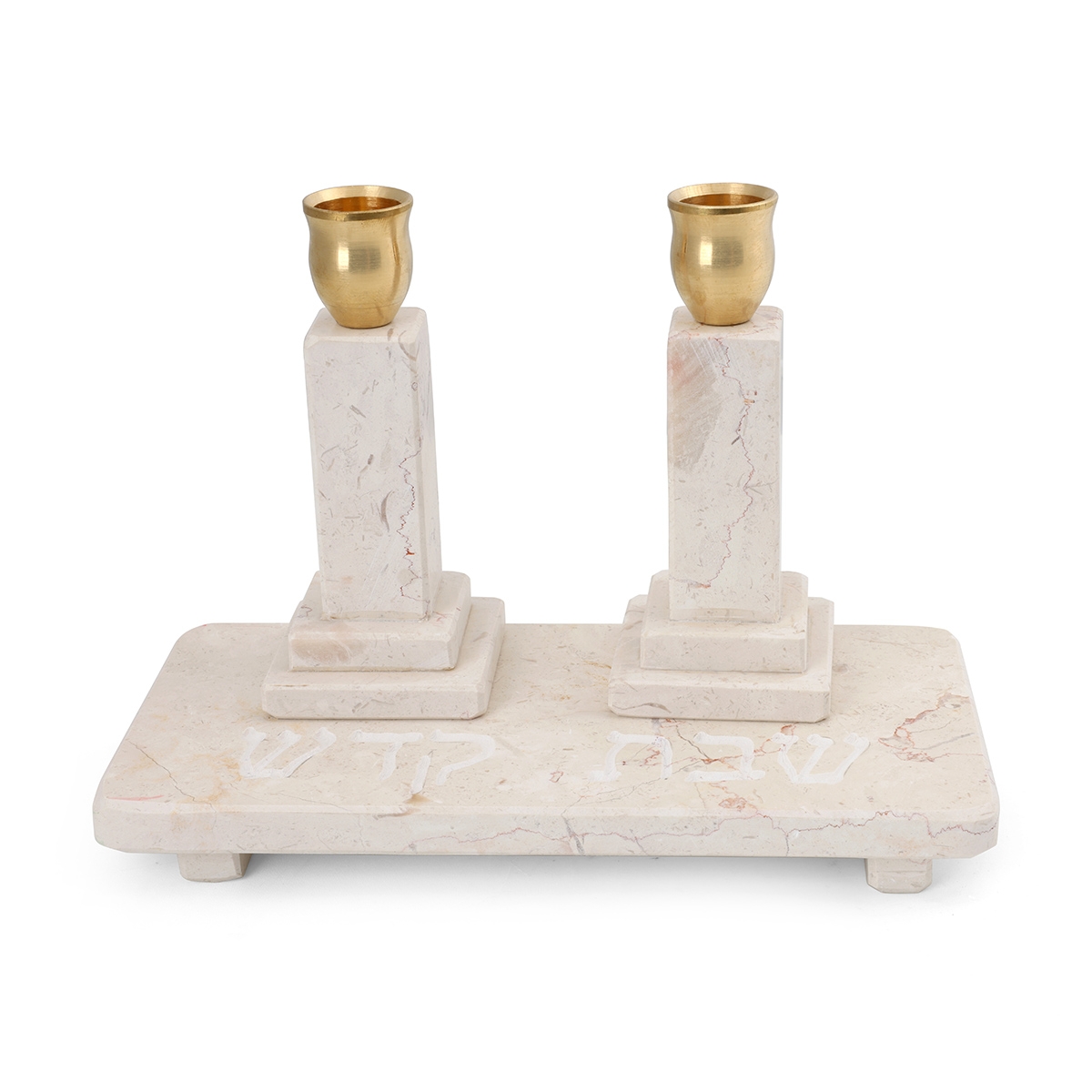 Royal White Jerusalem Stone Three-Piece Shabbat Candlesticks Set - 1