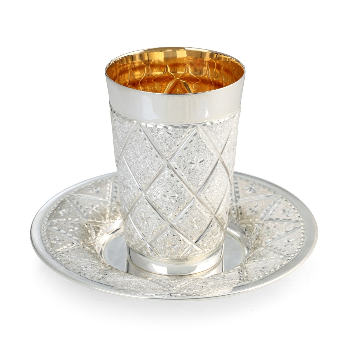 Sterling Silver Plated Kiddush Cup Set - Diamond-Cut Design - 1