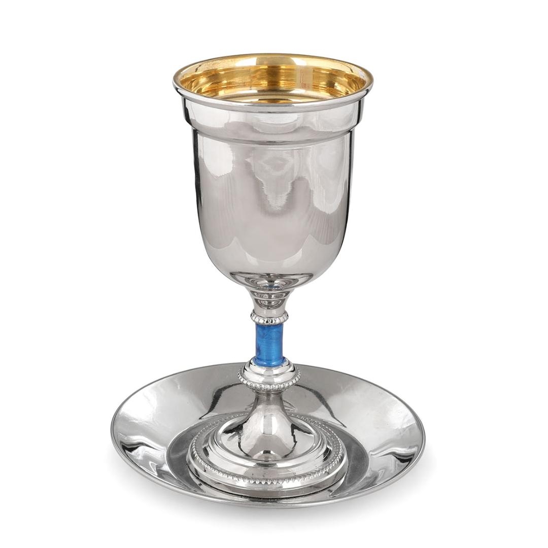 Y. Karshi Designer Stainless Steel Shiny Kiddush Cup and Saucer – Blue - 1