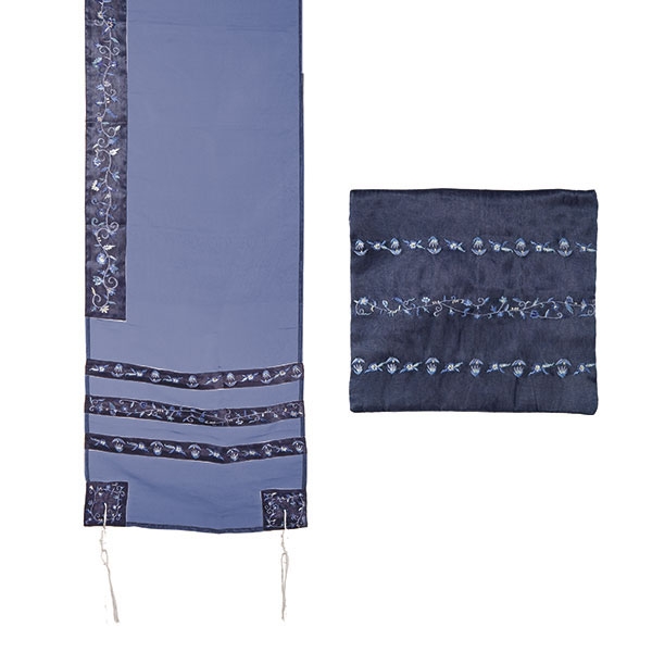 Yair Emanuel Organza Embroidered Stripes Tallit - Blue - 1