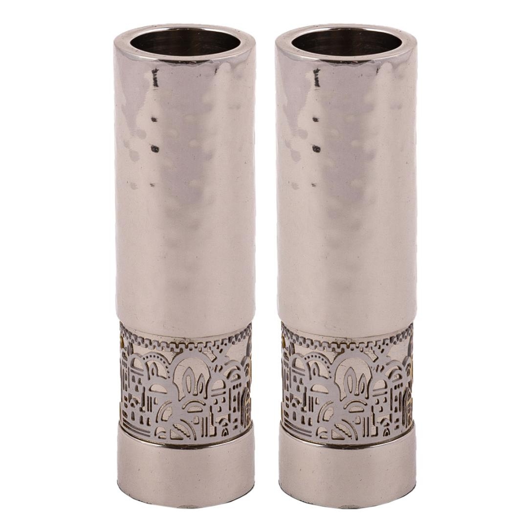 Yair Emanuel  Hammered Anodized Aluminium Jerusalem Cylinder Candlesticks – Silver - 1
