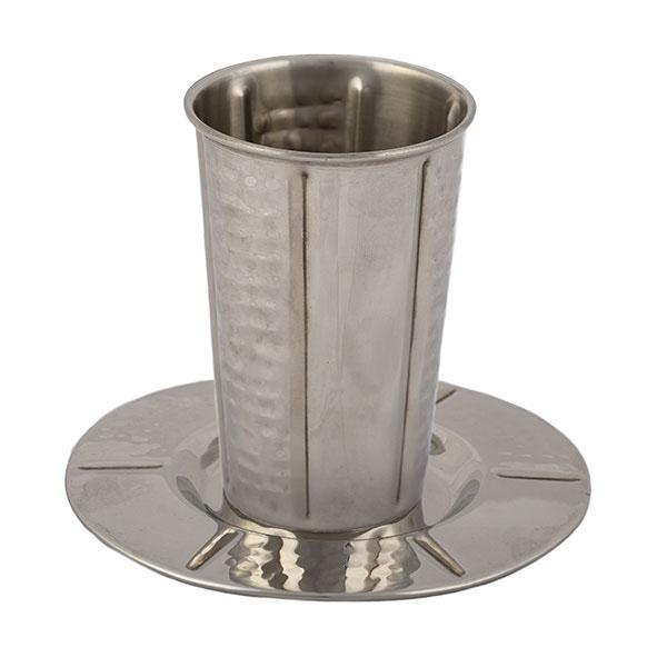 Yair Emanuel Hammered Stainless Steel Kiddush Cup & Saucer with Vertical Lines - 1