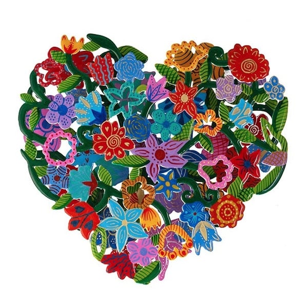 Yair Emanuel Hand-Painted Metal Cut-Out – Heart With Flowers - 1