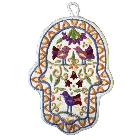  Yair Emanuel Large Embroidered Hamsa - Birds and Flowers - 1