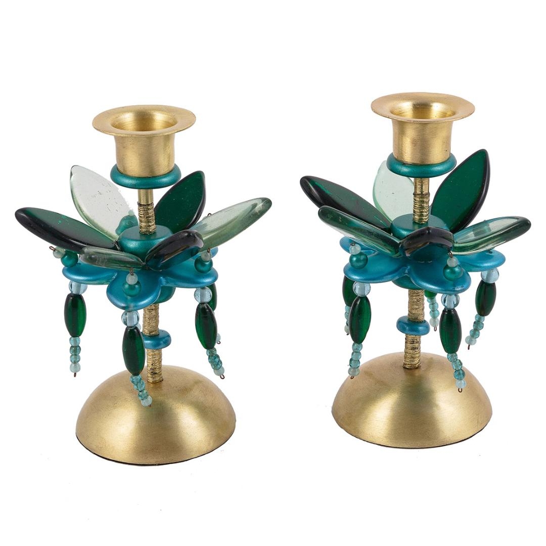 Yair Emanuel Turquoise Floral Candlesticks - 1