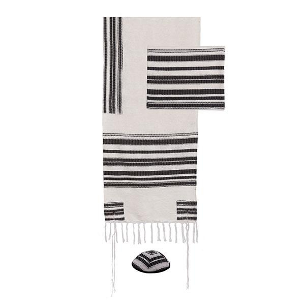 Yair Emanuel Hand-Woven Tallit (Prayer Shawl) - Black Stripes with Matching Bag & Kippah - 1
