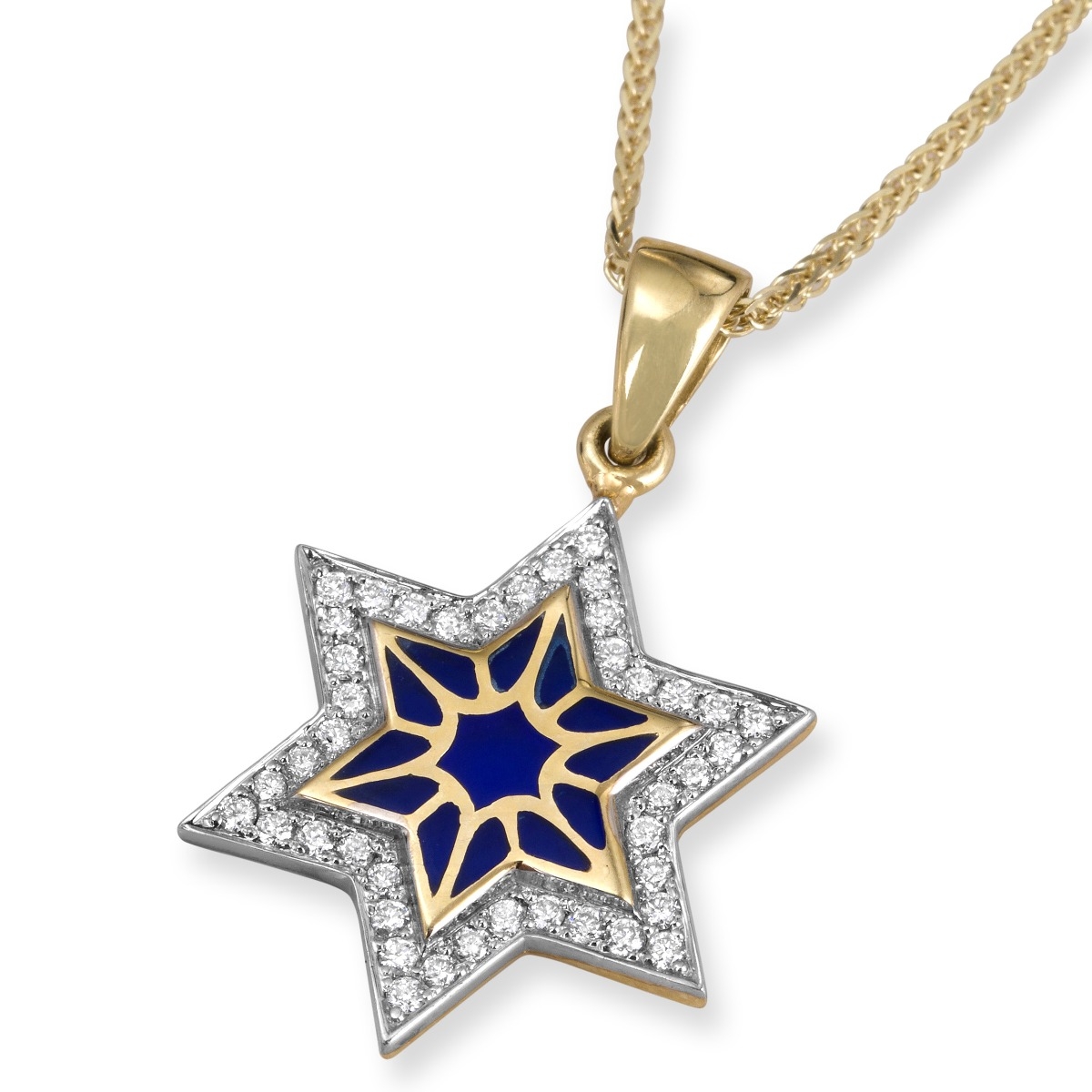  Chic 14K Yellow Gold and Blue Enamel Star of David Pendant With 42 Diamonds - 1