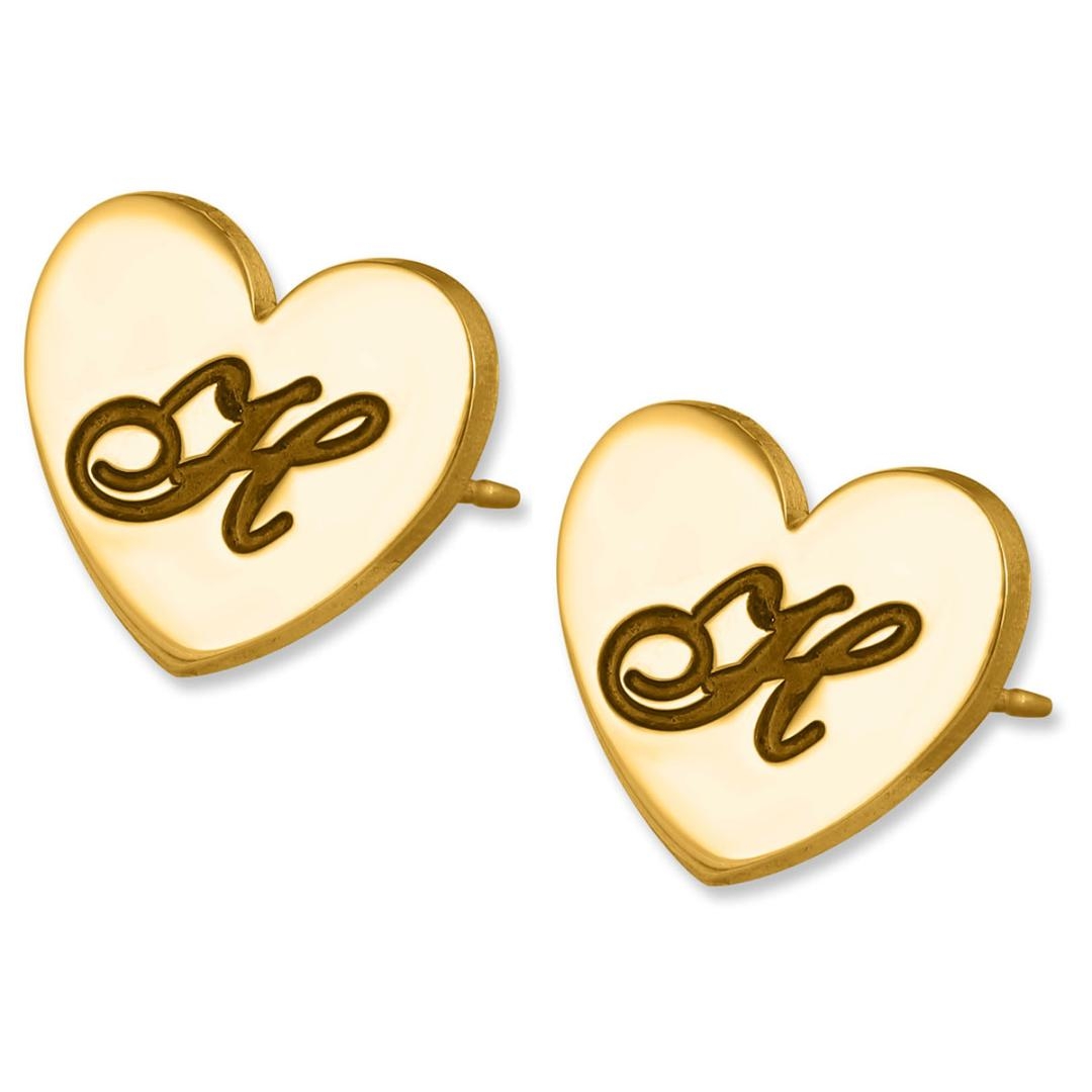 24K Yellow Gold Love Heart Initial Earrings - 1