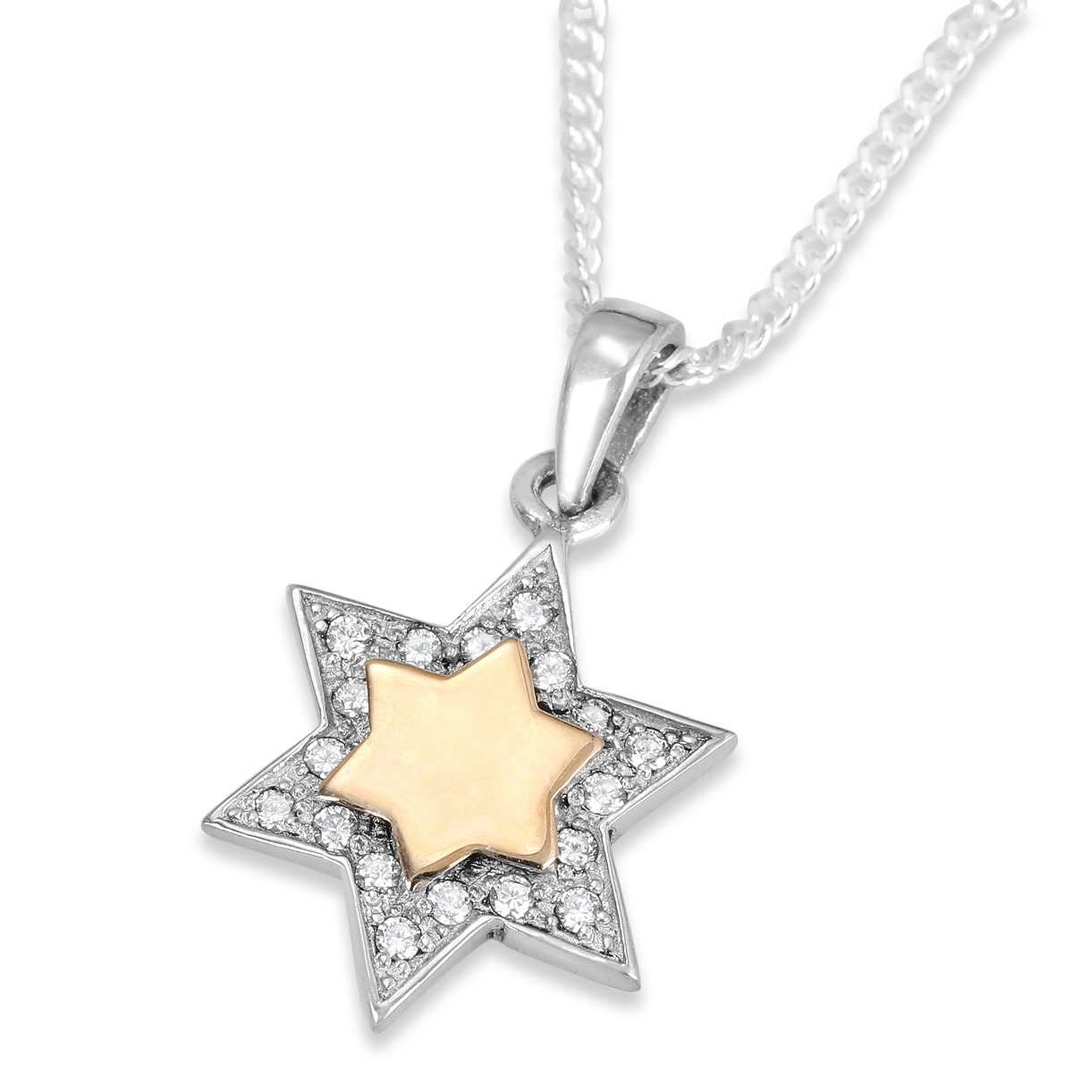 925 Sterling Silver and 9K Gold Star of David Pendant with White Zircon Stones - 1