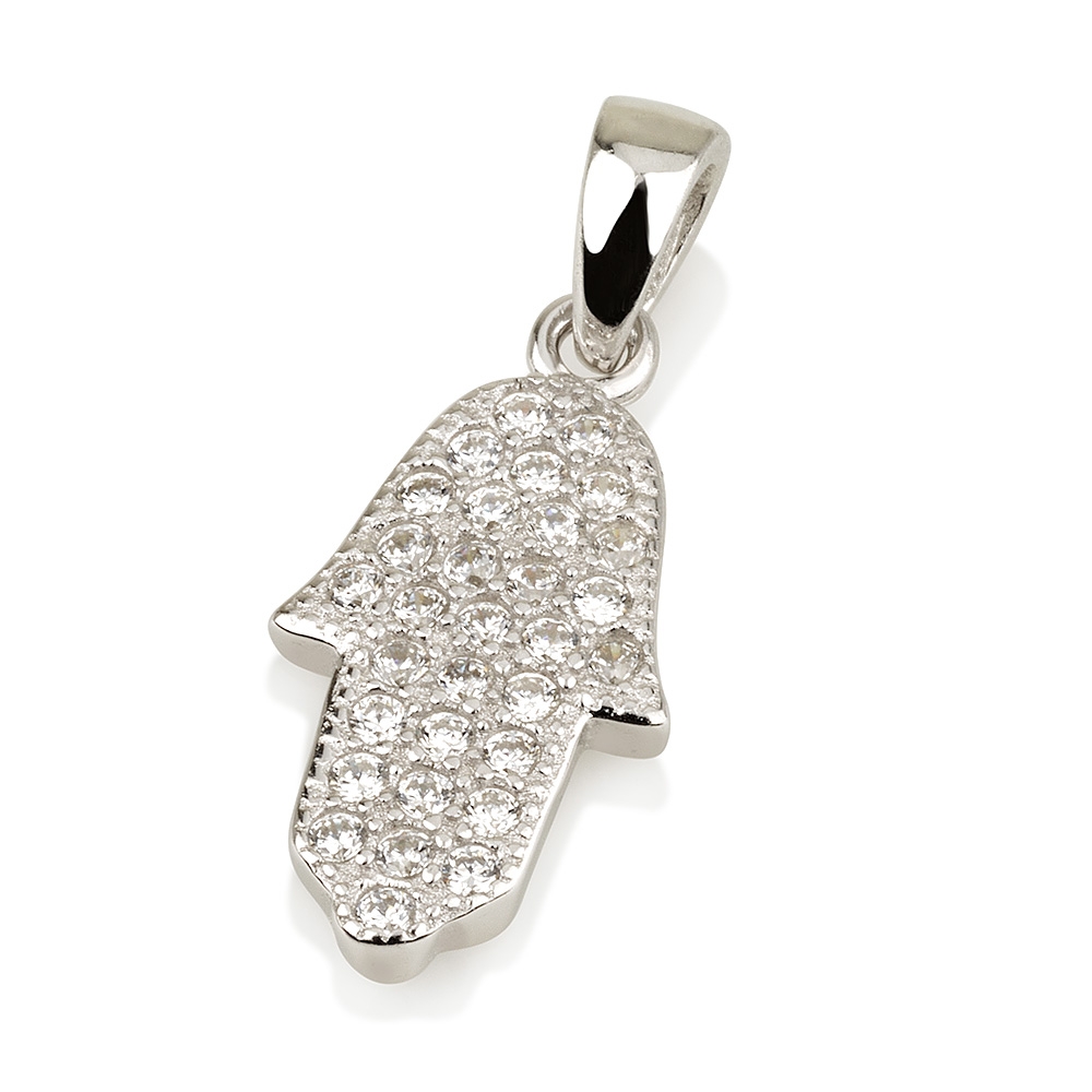 Sterling Silver Hamsa Pendant Necklace With Zirconia Accent - 1